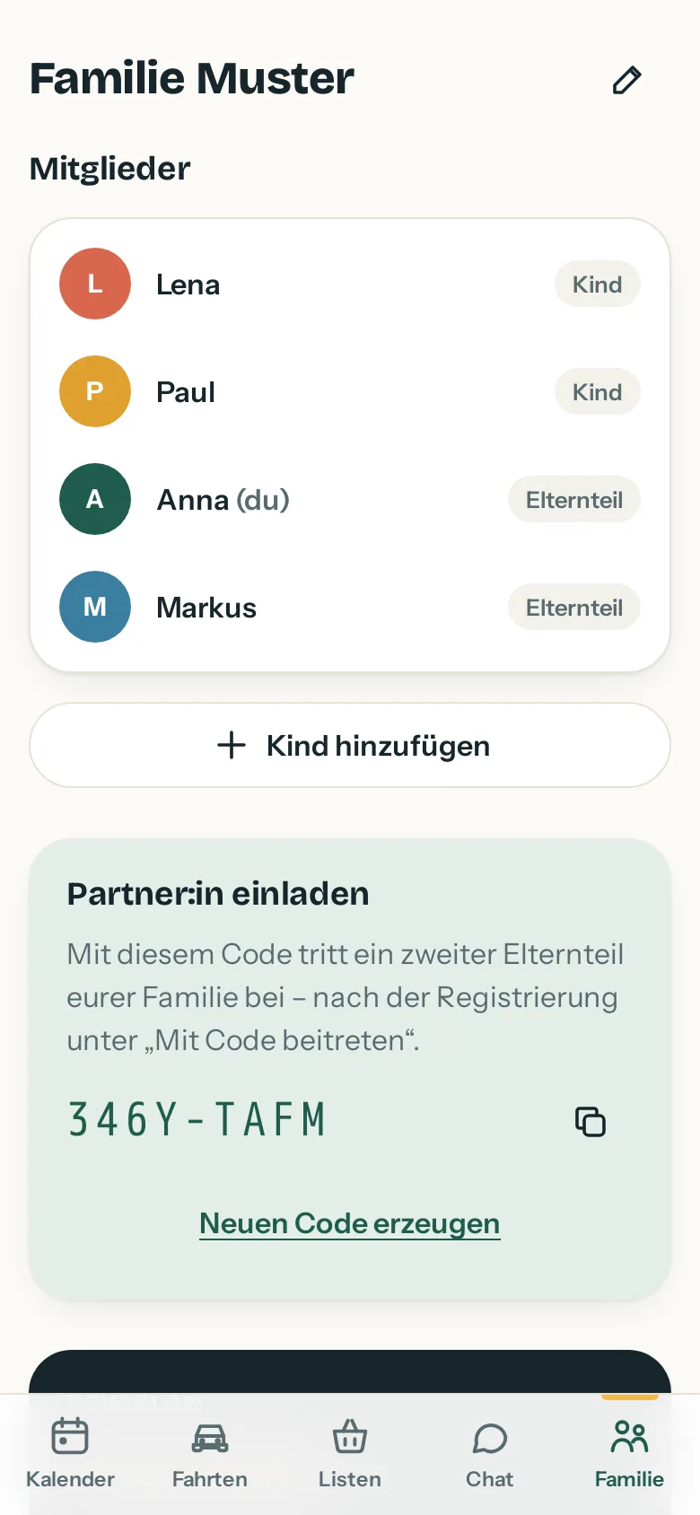 Familienseite der App mit den Mitgliedern Lena, Paul, Anna und Markus