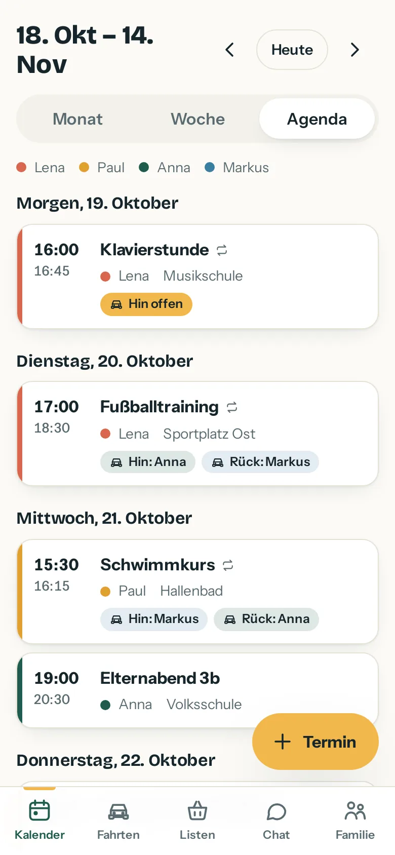 Kalender der App in der Listenansicht: Klavierstunde, Fußballtraining, Schwimmkurs und Elternabend der Demo-Familie Muster