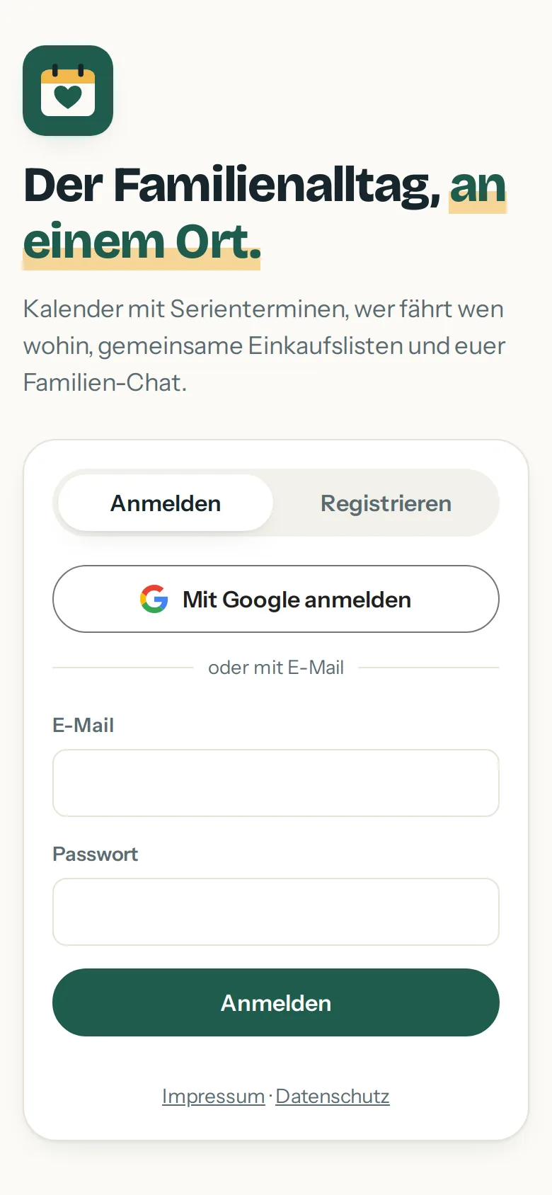 Anmeldeseite der App mit „Mit Google anmelden“ und Anmeldung per E-Mail
