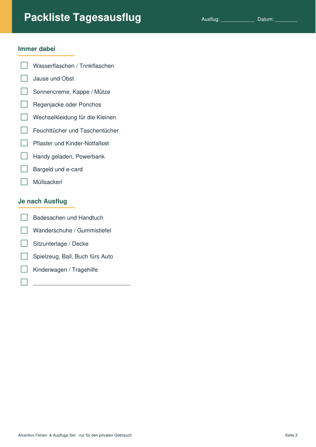 Vorschau Packliste Tagesausflug